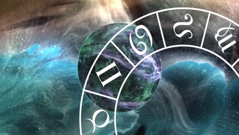 Animation-of-zodiac-signs-wheel-and-globe