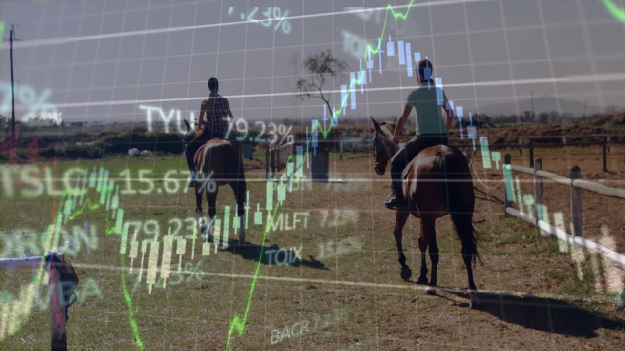 Animation af aktiemarkedsdata over folk der rider på heste i landområde