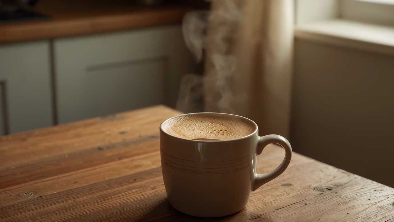 Il calore del caffè fa sì che una tazza color crema emetta vapore arricciato in cucina, con tavolo di legno e crema.