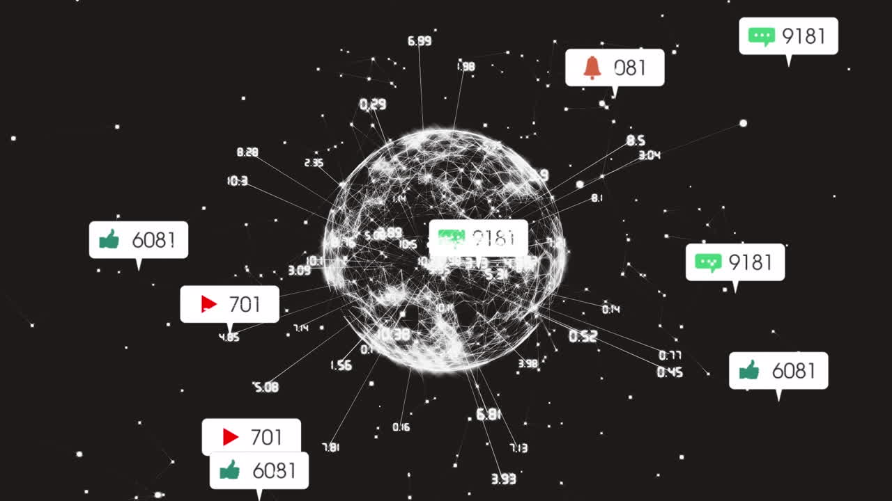 검은색 배경에 지구를 둘러싼 숫자와 선 위의 알림 바의 애니메이션