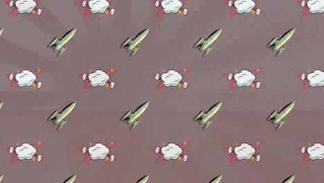Animation-of-clouds-and-rocket-icons-moving-on-gray-background