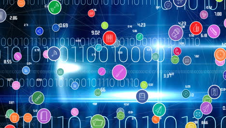 Animation of network of connections with digital icons over binary coding in background