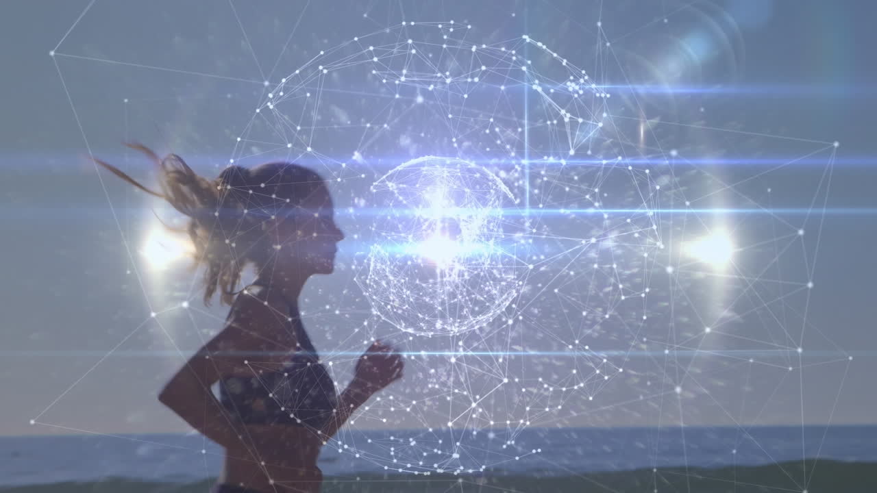 animación de redes de conexiones con el mundo sobre la mujer caucásica corriendo en la playa