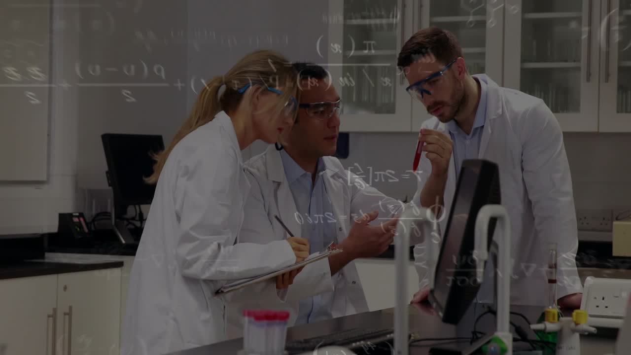 Vertical video: Right man holding test tube starting lab check, left noting, live data on monitor