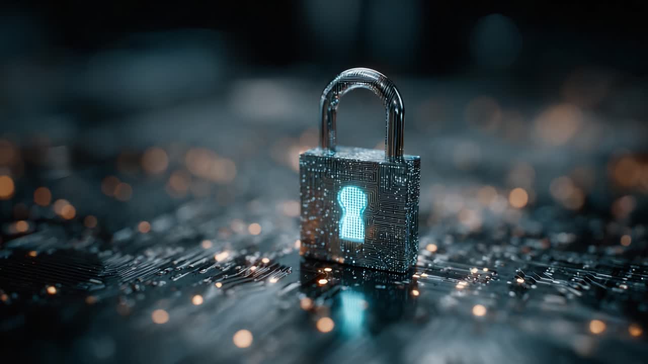 Digital Security Lock: Illustrating Modern Cybersecurity Themes with a Futuristic Padlock on a Glowing Circuit Background and Emphasizing the Importance of Data Protection