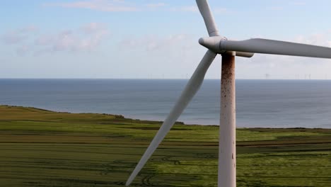 wind turbine on a coastal field overlooking an offshore wind farm