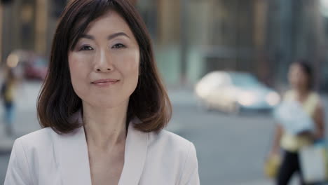 Slow-Motion-Portrait-of-beautiful-Japanese-businesswoman-smiling