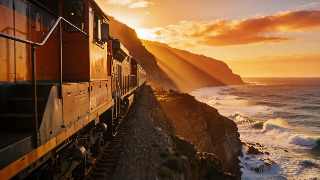 Locomotiva merci che entra nell'inquadratura lungo il fianco della scogliera, che trasporta merci mentre i raggi del sole illuminano il metallo.