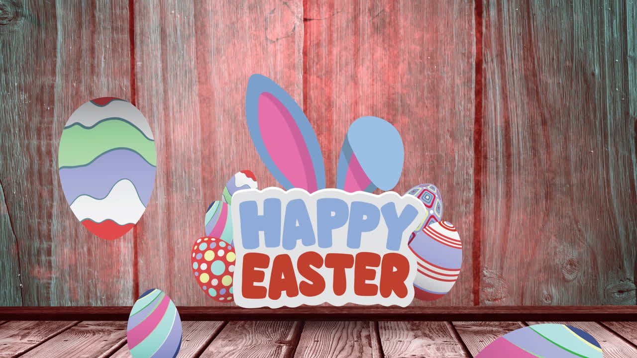 Animation of happy easter text with easter bunny ears and decorated easter eggs on wooden background