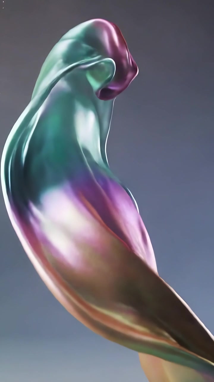 Vertical video: Unfolding iridescent ribbon form twisting in studio, camera zooming, showing colors