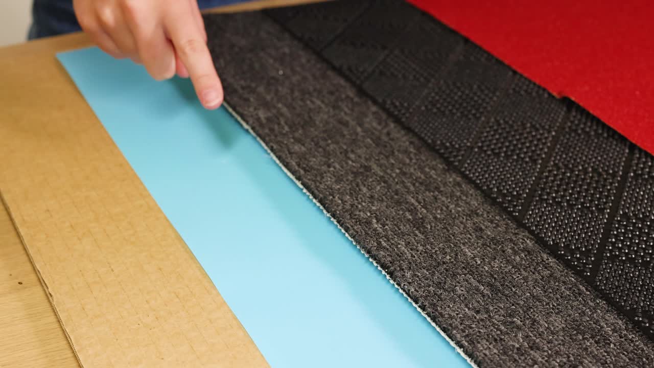 A hand examines different textured surfaces including cardboard, plastic, rubber, and carpet under bright lighting