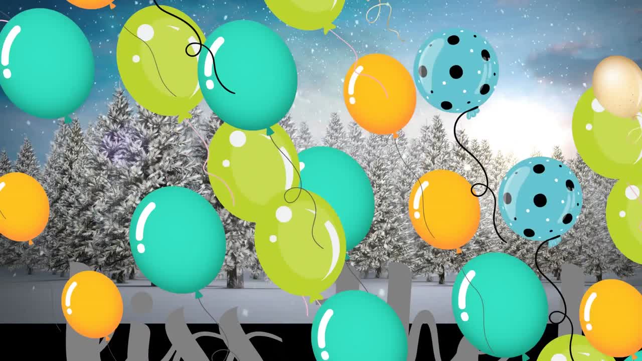 animación de globos de navidad sobre un paisaje de invierno.