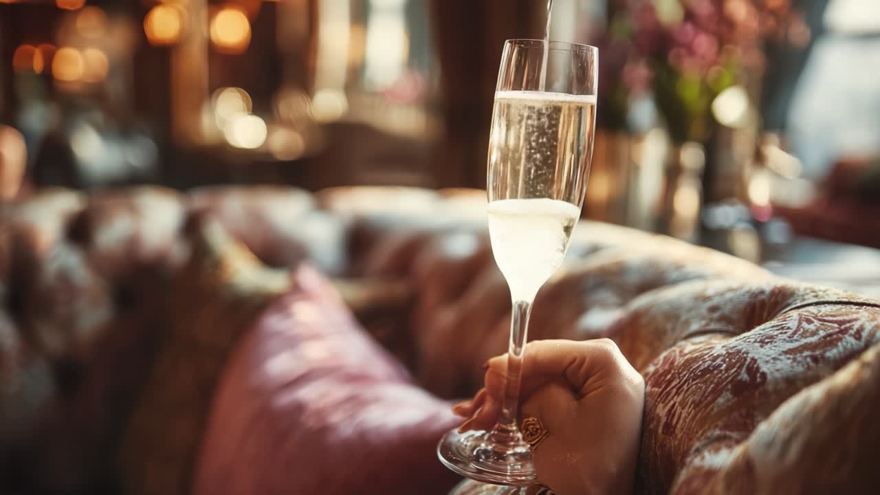 Brindisi celebrativo con champagne: Una mano solleva elegantemente un flûte di spumante su uno sfondo lussuoso di sedute imbottite e luce ambientale.