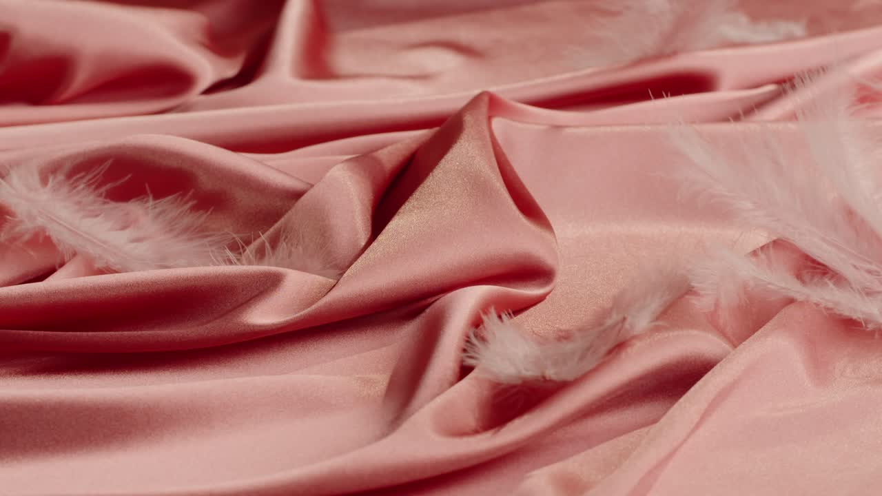 Pink Satin Fabric with Feathers