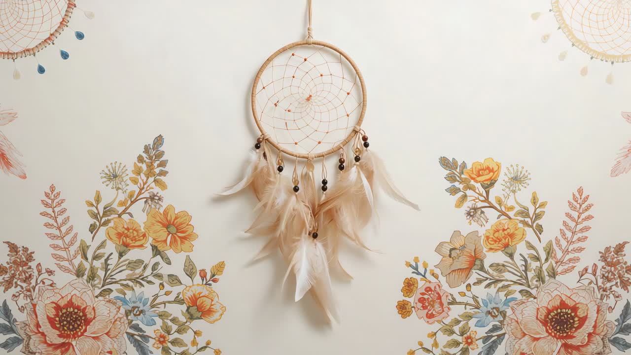 Gentle breeze causing dreamcatcher swaying in craft room with floral wallpaper, beads and feathers