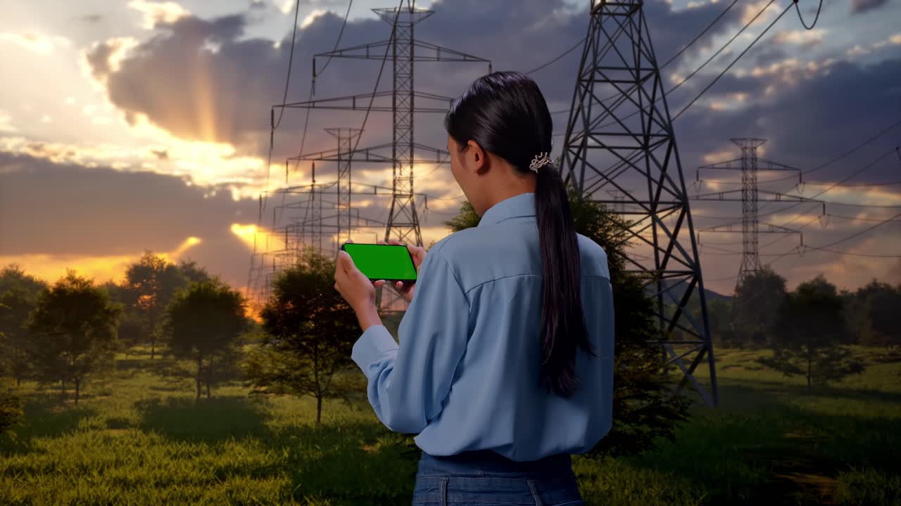 Mujer sosteniendo un smartphone con pantalla verde cerca de líneas eléctricas al atardecer
