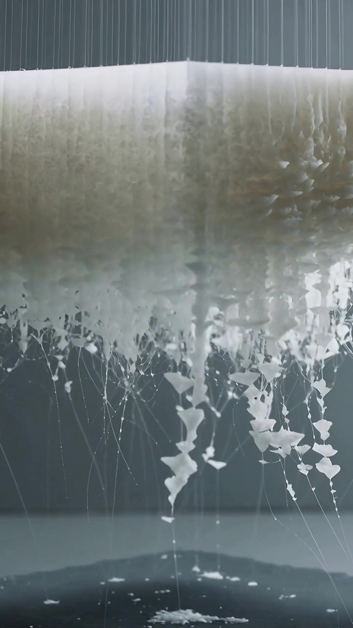 Vertical video: Melting white ring shedding filaments, flakes into dark pool in studio
