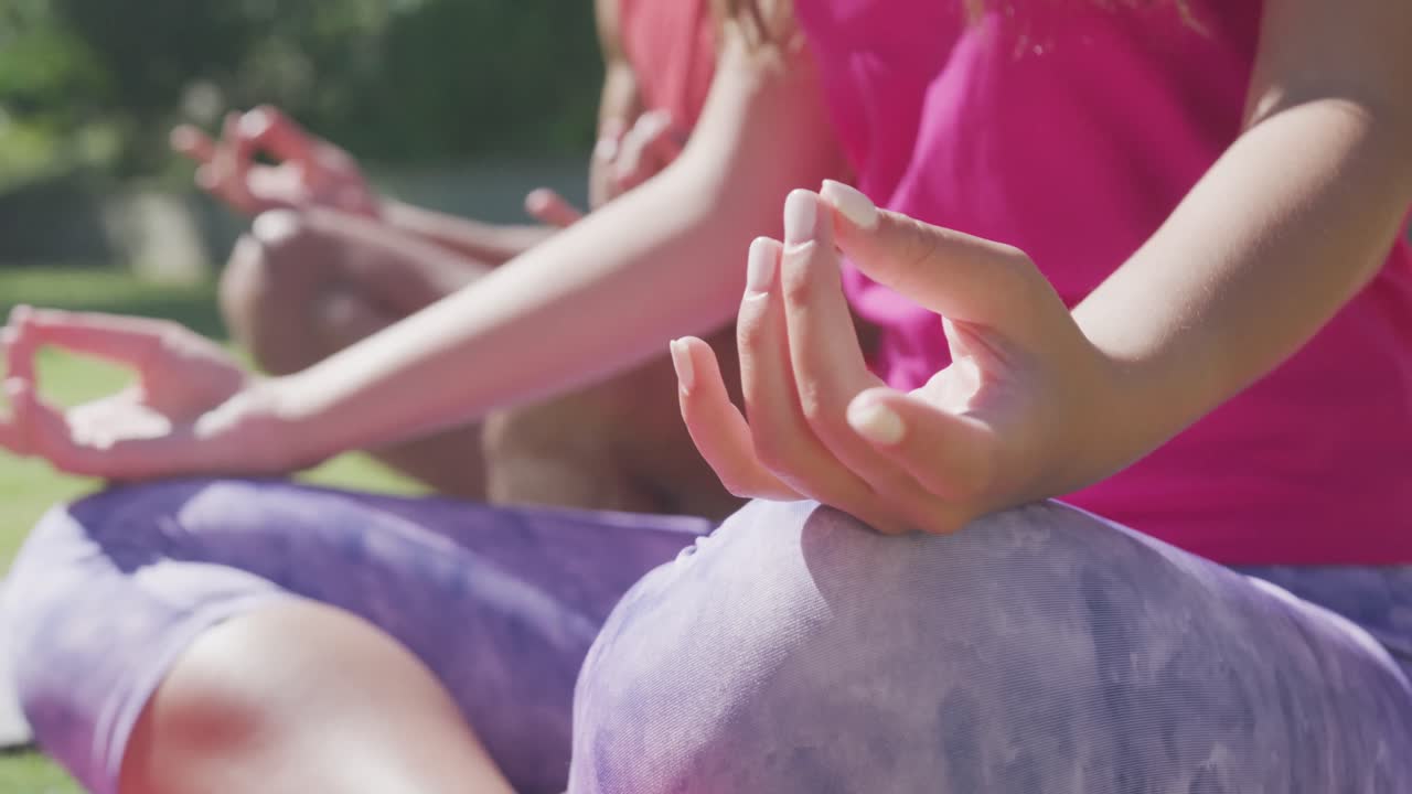 sección media de una pareja biracial practicando yoga y meditando en el jardín en un día soleado