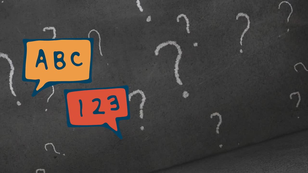 animación de burbujas de habla y signos de interrogación en fondo negro