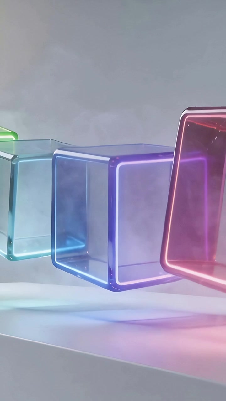Vertical video: Tilting pink cube, glass cubes rotating and drifting on white base, revealing faces
