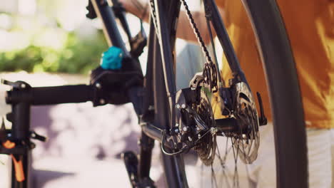 Bicycle-parts-being-maintained-in-yard