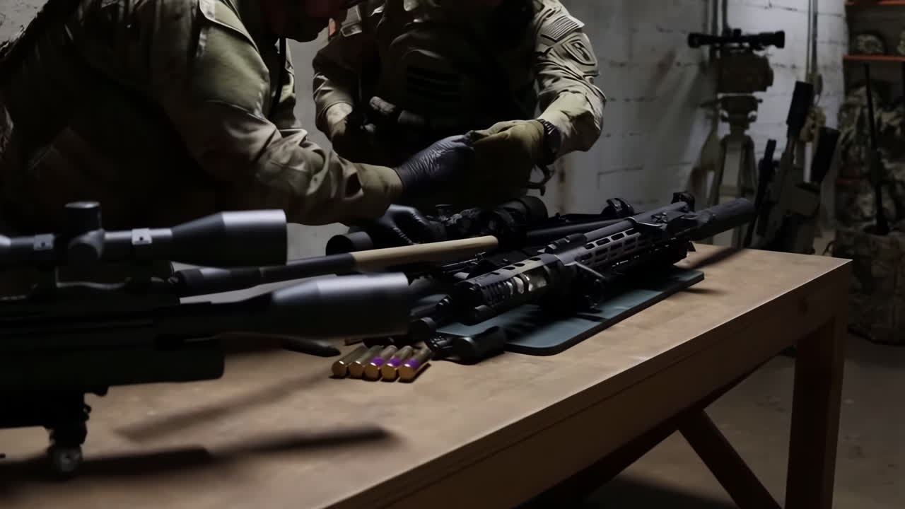 Military personnel working on a sniper rifle