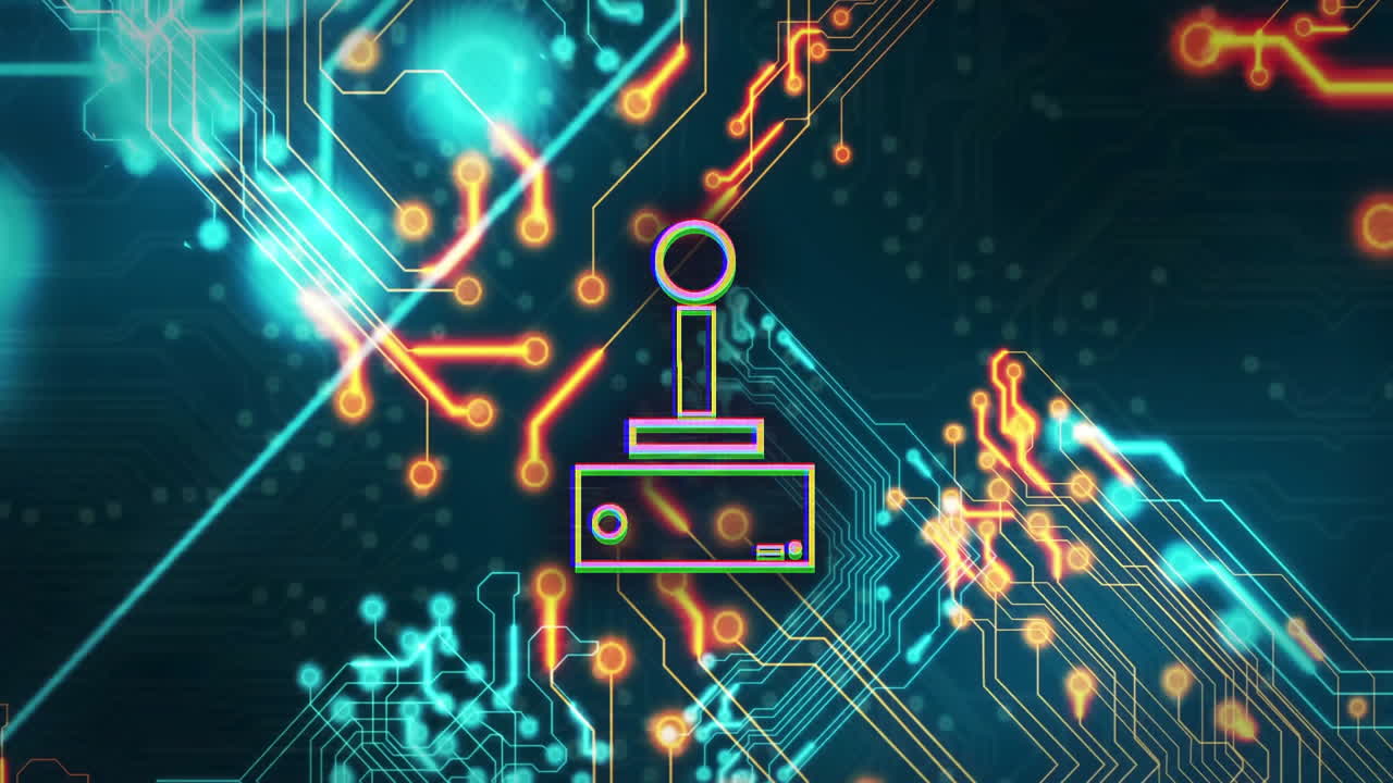 Animation of joystick icon on digital network with glowing circuit board background