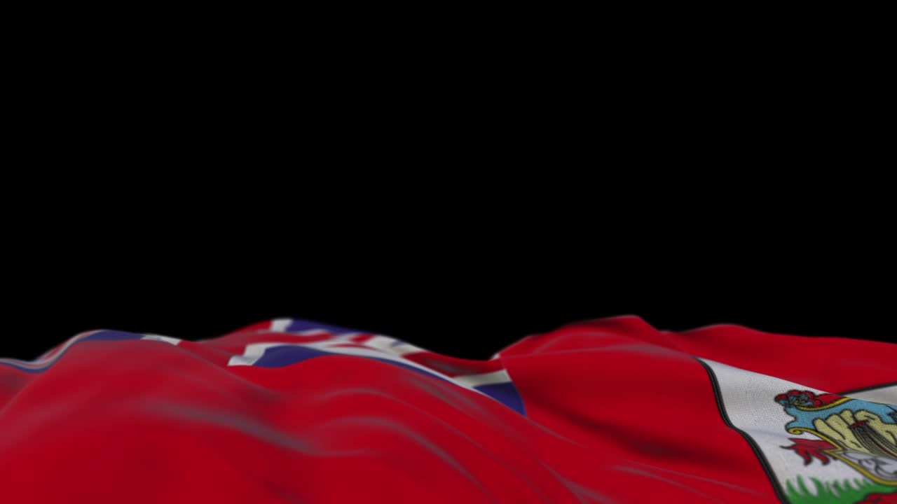 bandera de tela de bermuda ondeando en el bucle del viento. bordado de bermuda estampado bandera de tela balanceándose en la brisa. fondo negro medio lleno. lugar para el texto. bucle de 20 segundos.