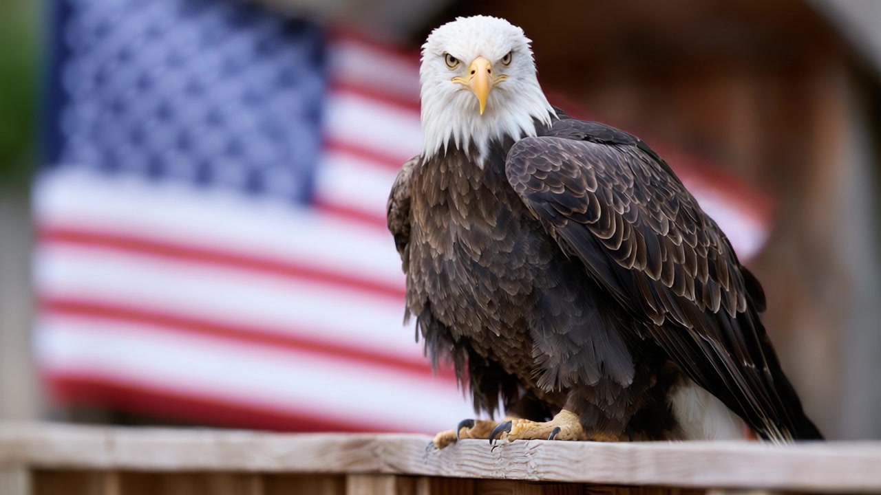 Posa di maestosa aquila calva: un potente simbolo di libertà sullo sfondo della bandiera americana, che cattura la bellezza della natura e l'orgoglio nazionale.