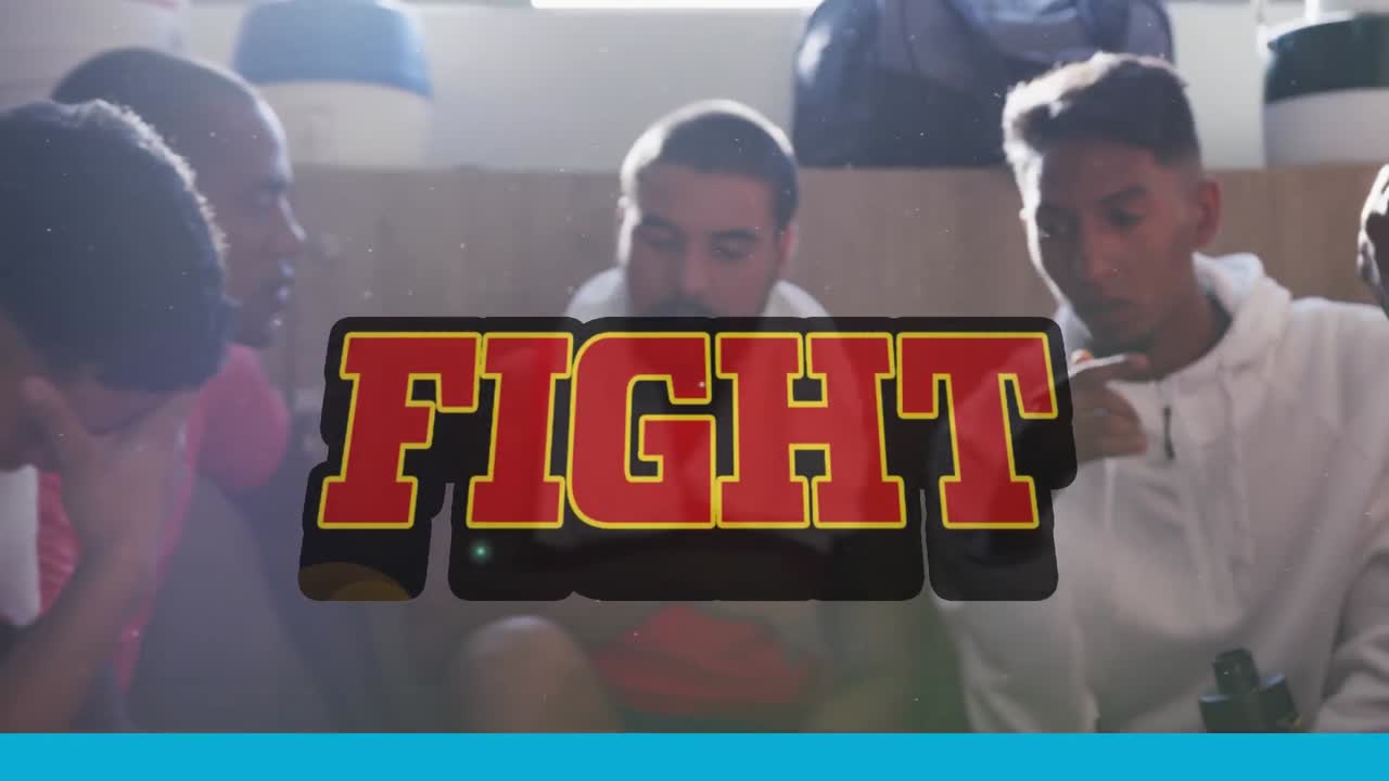 옷을 갈아입는 방에서 축구 선수들에 대한 싸움 텍스트의 애니메이션