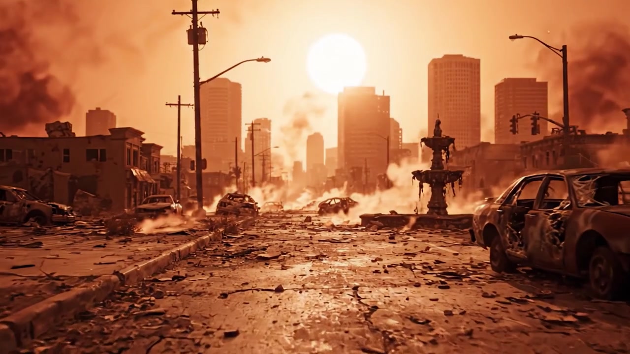 Una cruda rappresentazione di un paesaggio distopico sotto un'allerta caldo estremo, che mostra auto abbandonate, un ambiente desolato e un sole accecante che tramonta sullo skyline della città