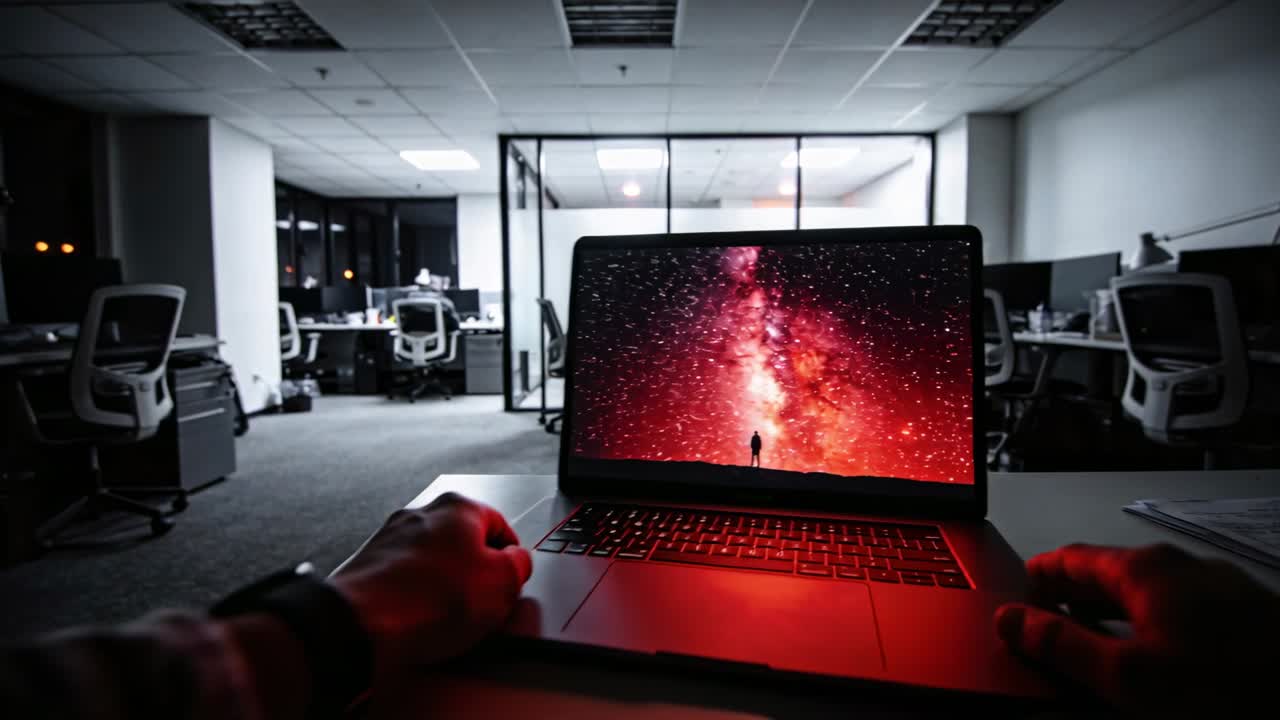 Reaching sleeved worker's hands typing on laptop in office late, lights dimming and watch seen