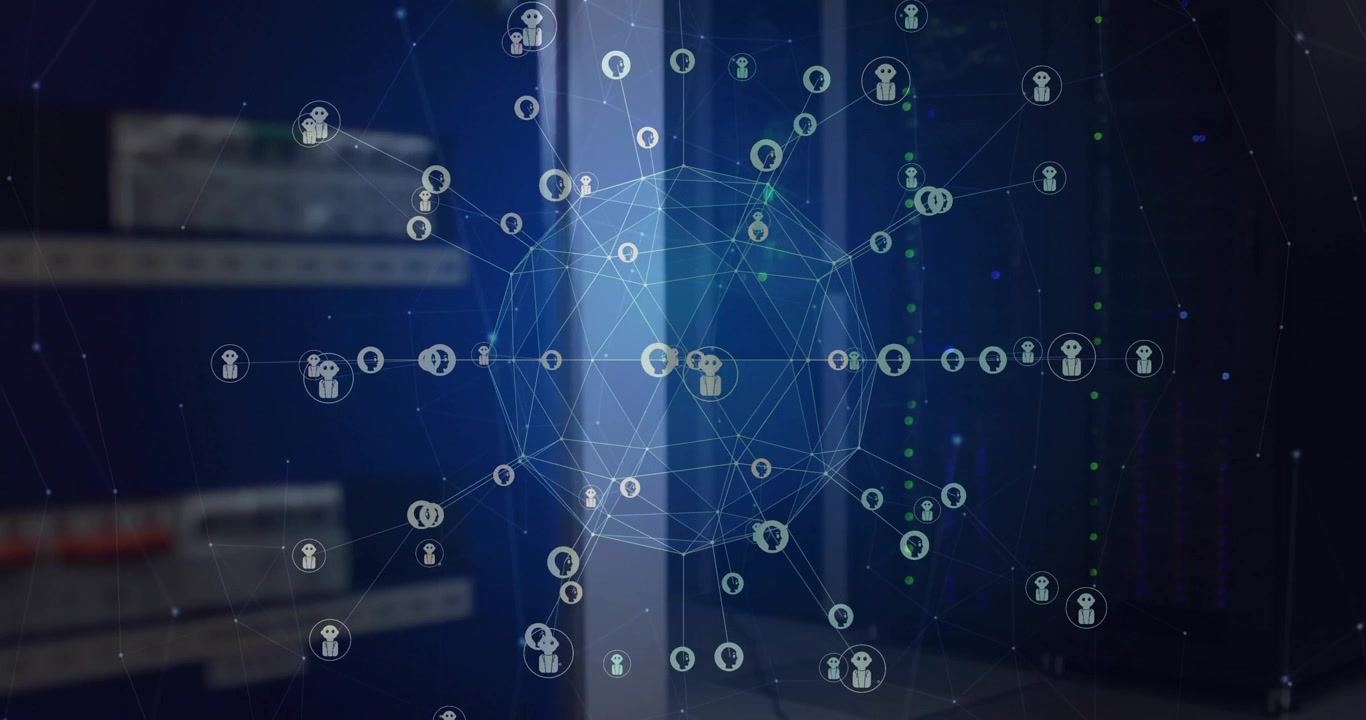 Animation af globus med forbindelser og AI-ikoner over computerservere