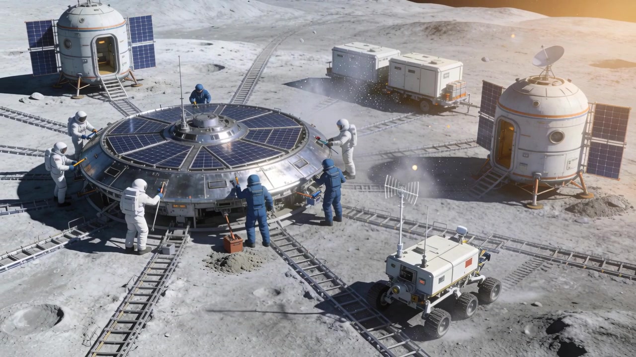 Fissaggio di un modulo circolare su una base lunare, equipaggio EVA che rimuove la polvere, fissando i morsetti dopo lo spostamento del rover.