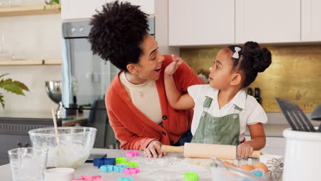 cooking, mother and flour fun in kitchen with pin