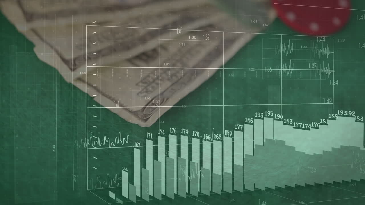 Animation of data processing over banknotes and chips