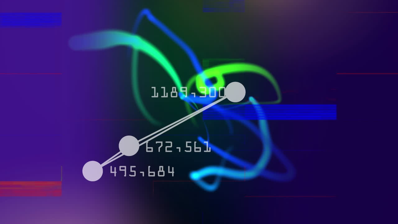 각에 숫자가있는 삼각형을 형성하는 연결된 공. 다채로운 레이저와 sizzled 스트립이 움직이는 동안