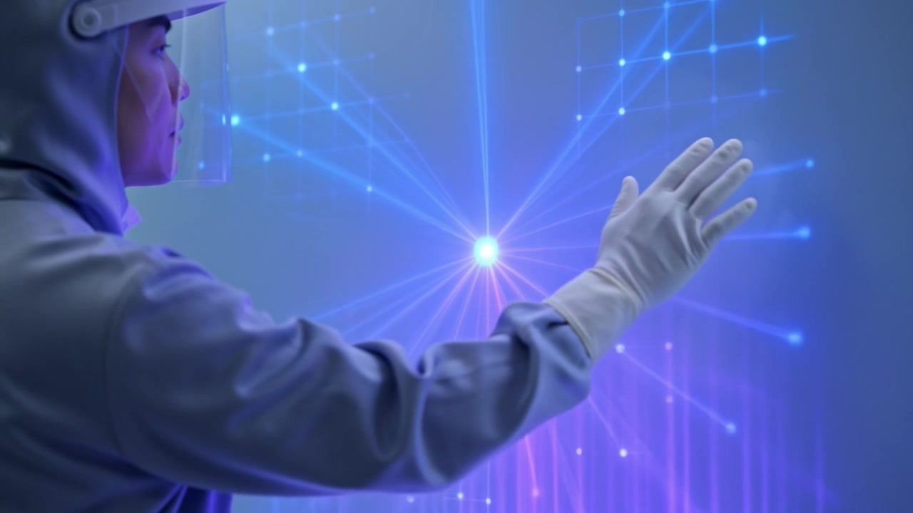 Scientist in Cleanroom Interacting with Futuristic Holographic Display