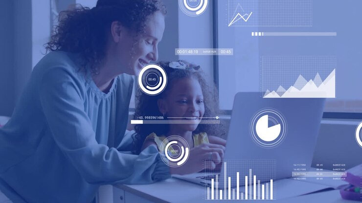 Animation of charts processing data over diverse female teacher and schoolgirl using laptop in class