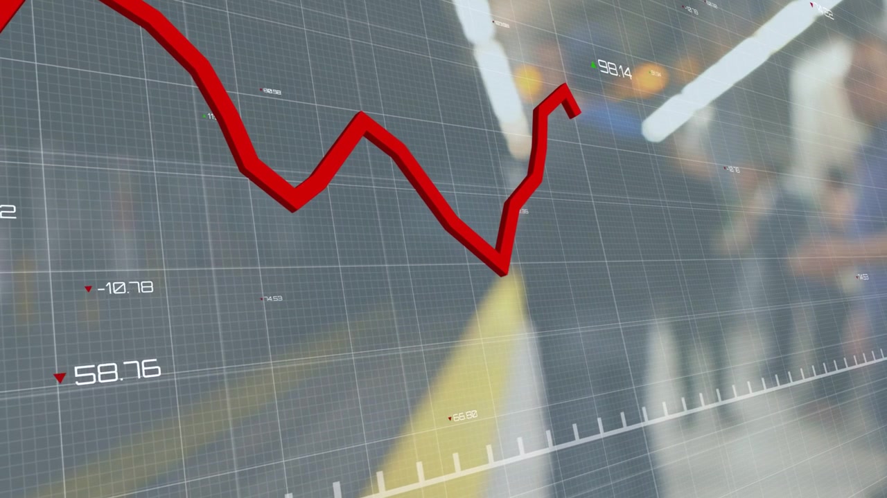 Red 3D trend line entering upper-left, tracking across grid, showing platform usage drop