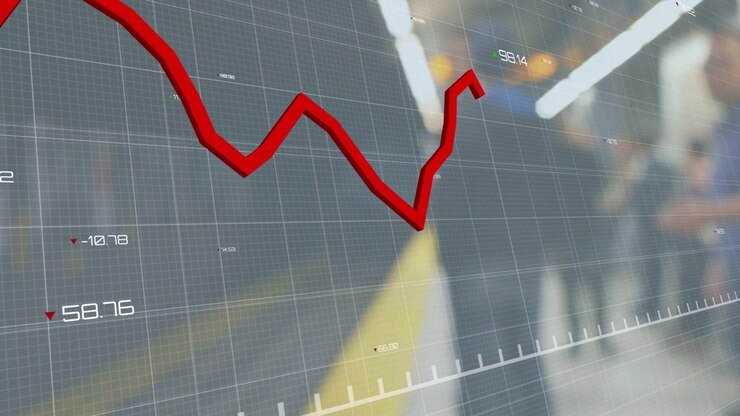 Red 3D trend line entering upper-left, tracking across grid, showing platform usage drop