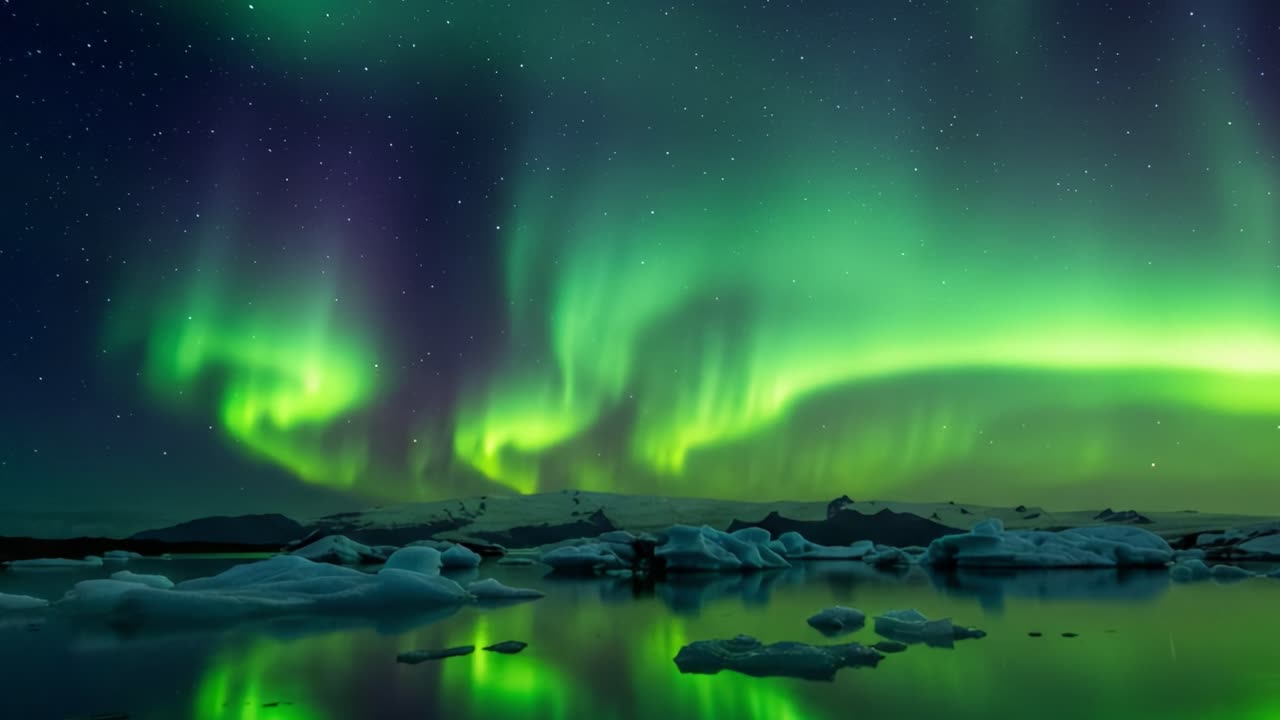 Breathtaking Aurora Borealis Display Over Icy Waters: A Mesmerizing View of Nature's Light Show Illuminating the Night Sky and Reflecting on the Calm Surface