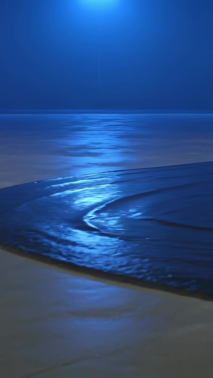 Video verticale: Colonna blu in movimento con la riva che entra da destra sulla spiaggia, luce che si proietta sulla sabbia bagnata.