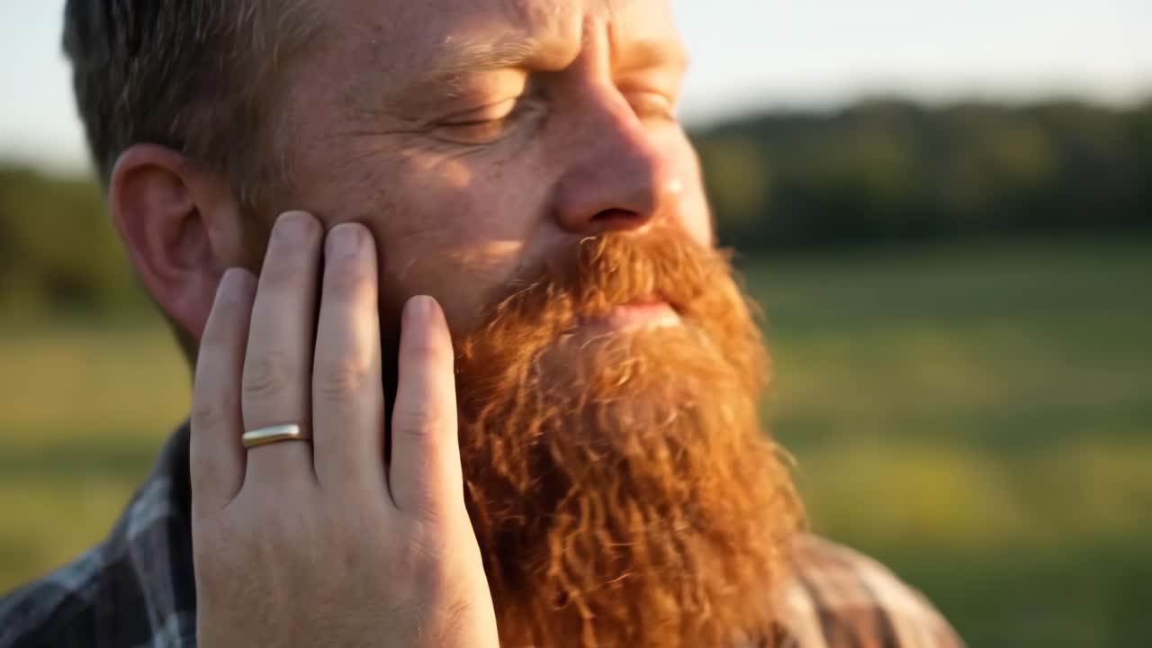 Primo piano di un uomo con la barba rossa che si tocca la barba alla luce dell'ora d'oro