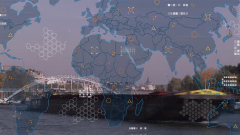 animation of financial data processing over cityscape