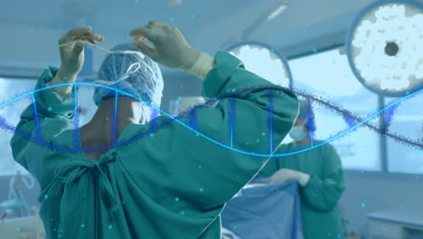animación de la cadena de adn sobre diversos cirujanos en el hospital
