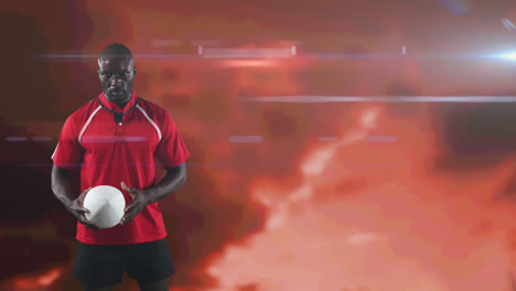 animation of rugby player playing with ball over glowing red background