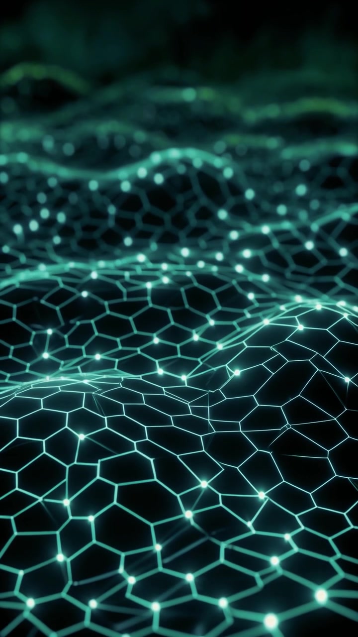 Abstraktní digitální šestihranná mřížková plocha se svítícími uzly