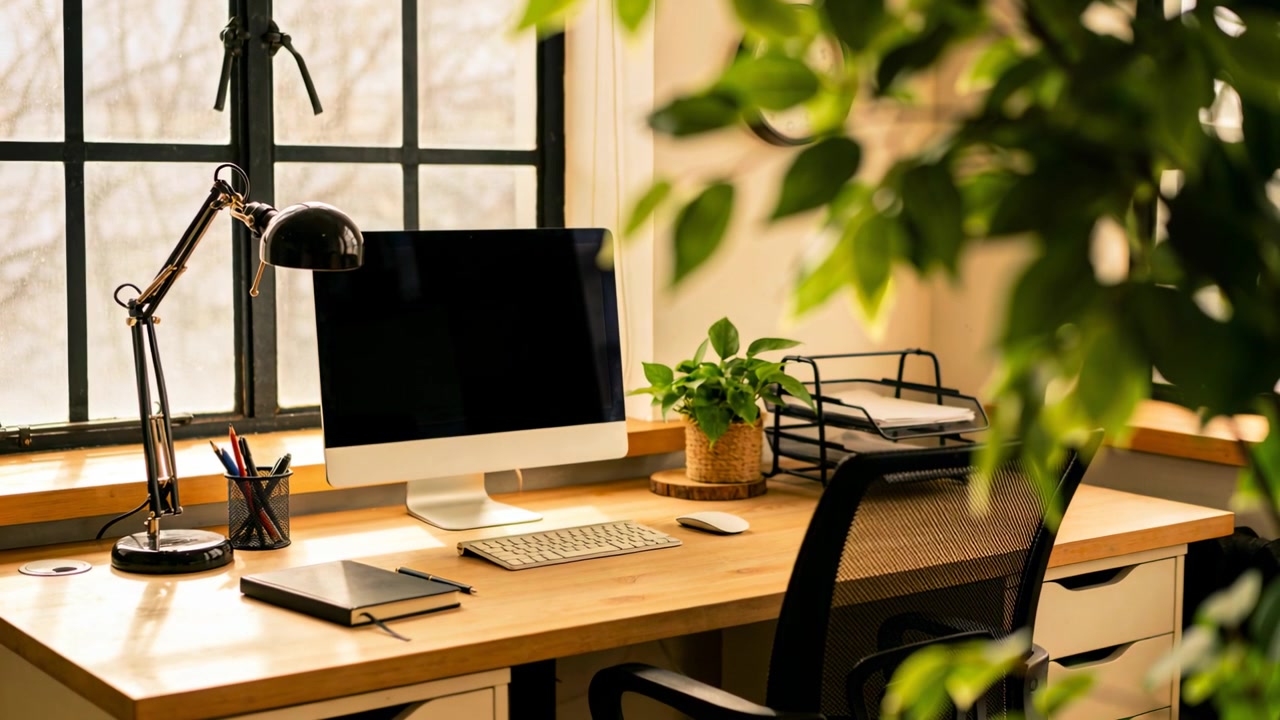 Câmera enquadrando mesa com monitor no escritório enquanto o foco muda, planta avançando para um desfoque frontal suave.