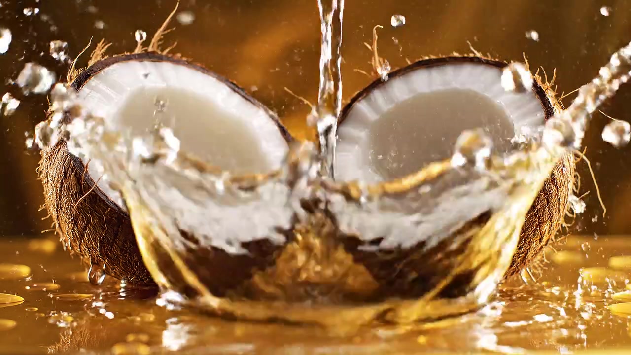 Fresh coconut with a dynamic water splash on golden background